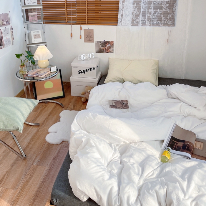 91家纺网 家纺一手货源 找家纺 安莱生活 新款纯色混搭风全棉水洗棉四件套盐白+深灰+奶黄草绿