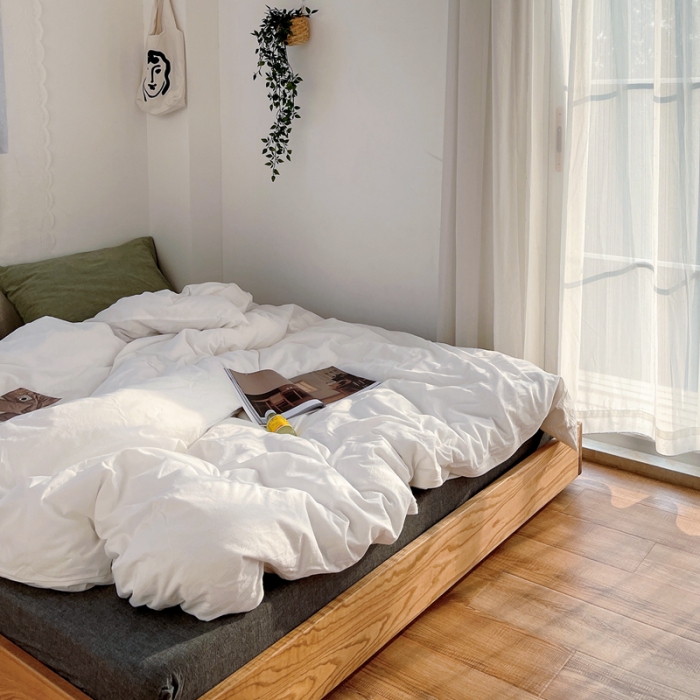 91家纺网 家纺一手货源 找家纺 安莱生活 新款纯色混搭风全棉水洗棉四件套盐白+深灰+奶黄草绿