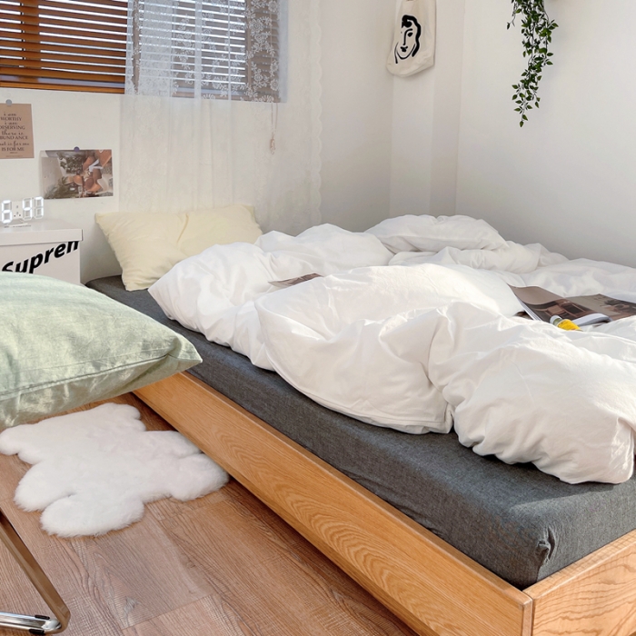 91家纺网 家纺一手货源 找家纺 安莱生活 新款纯色混搭风全棉水洗棉四件套盐白+深灰+奶黄草绿