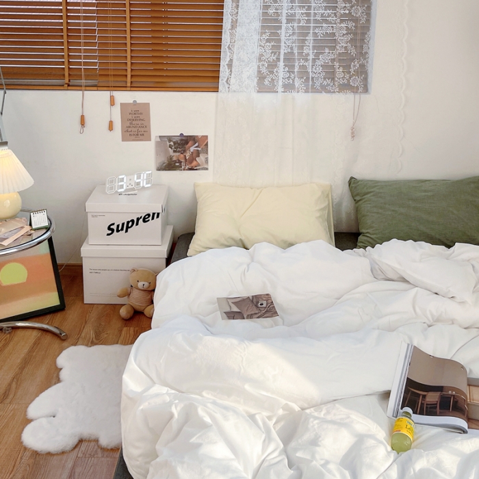 91家纺网 家纺一手货源 找家纺 安莱生活 新款纯色混搭风全棉水洗棉四件套盐白+深灰+奶黄草绿