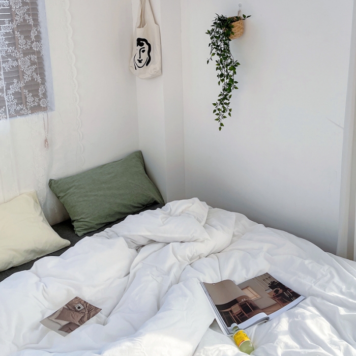 91家纺网 家纺一手货源 找家纺 安莱生活 新款纯色混搭风全棉水洗棉四件套盐白+深灰+奶黄草绿