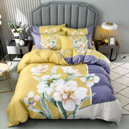 91家纺网 家纺一手货源 找家纺 润淳 2025全棉13372大版印花四件套纯棉 花枝叶秀黄