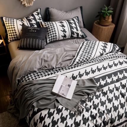 91家纺网 家纺一手货源 找家纺 静家居2024直播北欧织带拼接工艺款四件套魅影