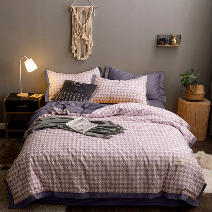 91家纺网 家纺一手货源 找家纺 静家居2024直播北欧织带拼接工艺款四件套千鸟格-神秘紫