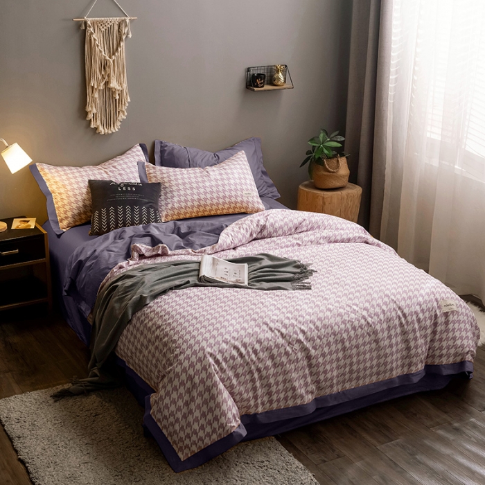 91家纺网 家纺一手货源 找家纺 静家居2024直播北欧织带拼接工艺款四件套千鸟格-神秘紫