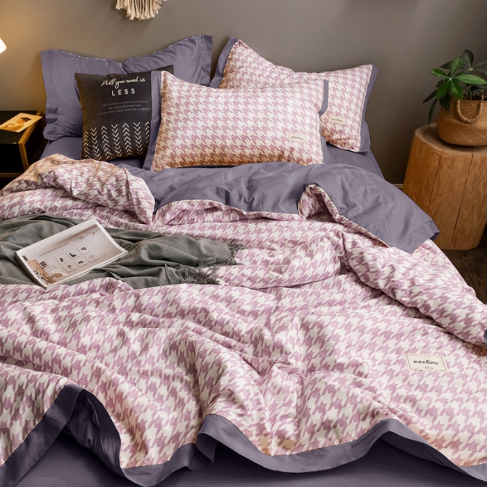 91家纺网 家纺一手货源 找家纺 静家居2024直播北欧织带拼接工艺款四件套千鸟格-神秘紫