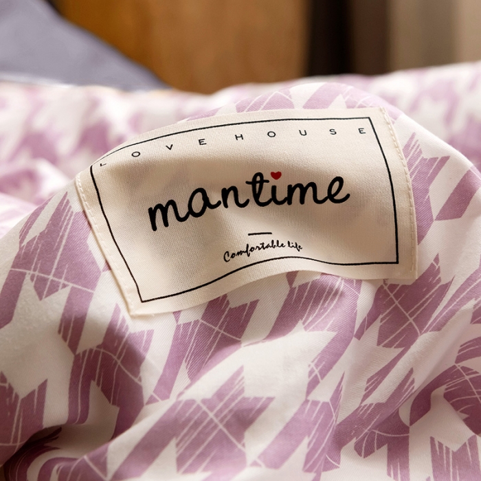 91家纺网 家纺一手货源 找家纺 静家居2024直播北欧织带拼接工艺款四件套千鸟格-神秘紫