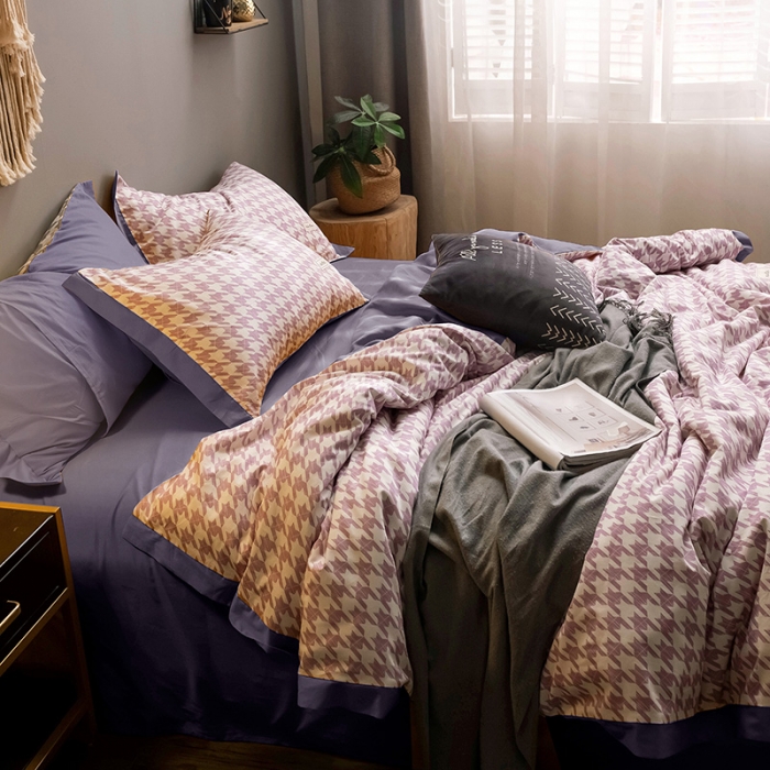 91家纺网 家纺一手货源 找家纺 静家居2024直播北欧织带拼接工艺款四件套千鸟格-神秘紫