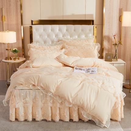 91家纺网 家纺一手货源 找家纺 瑞宝 2025新款超柔莫奈尔夹棉床裙四件套 蔷薇恋-米色