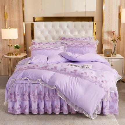 91家纺网 家纺一手货源 找家纺 瑞宝 2025新款超柔莫奈尔夹棉床裙四件套 蔷薇恋-紫色