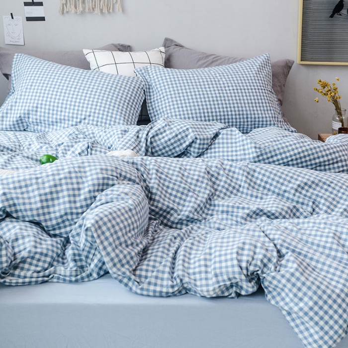 91家纺网 家纺一手货源 找家纺 柠萌家居 2019全棉水洗棉单被套 浅蓝小格