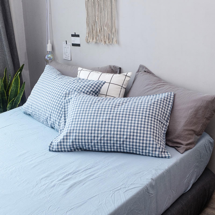 91家纺网 家纺一手货源 找家纺 柠萌家居 2019全棉色织水洗棉无印良品四件套床单款浅蓝小格