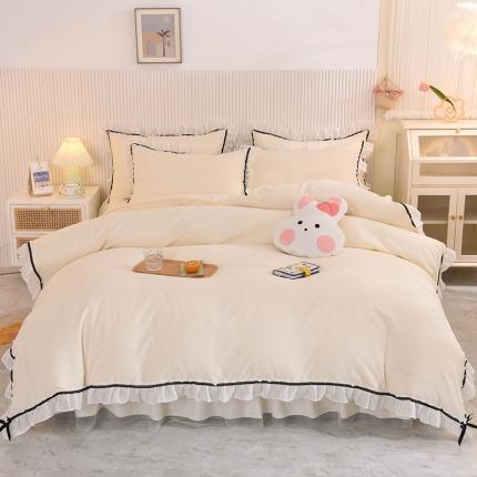 91家纺网 家纺一手货源 找家纺 芭比蔓 2024新款蕾丝公主风加厚款四件套 爱情海米白