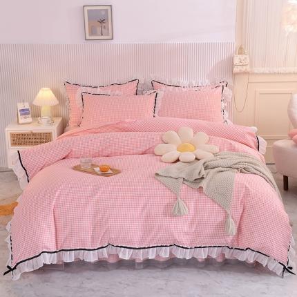 91家纺网 家纺一手货源 找家纺 芭比蔓 2024新款蕾丝公主风加厚款四件套 清新小格粉