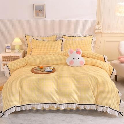 91家纺网 家纺一手货源 找家纺 芭比蔓 2024新款蕾丝公主风加厚款四件套 清新小格黄