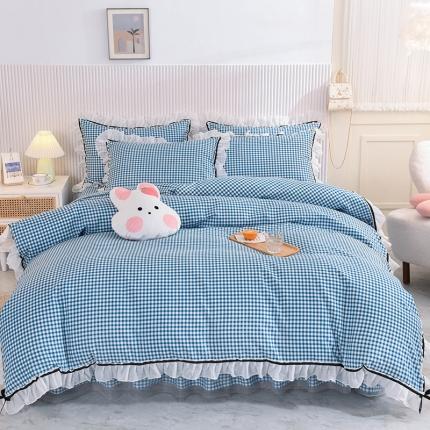 91家纺网 家纺一手货源 找家纺 芭比蔓 2024新款蕾丝公主风加厚款四件套 清新小格蓝