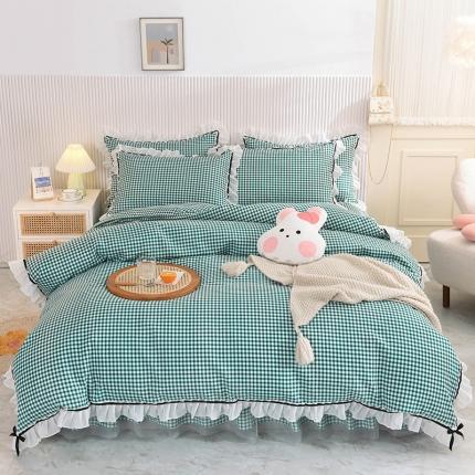 91家纺网 家纺一手货源 找家纺 芭比蔓 2024新款蕾丝公主风加厚款四件套 清新小格绿