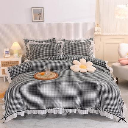 91家纺网 家纺一手货源 找家纺 芭比蔓 2024新款蕾丝公主风加厚款四件套 清新小格深灰