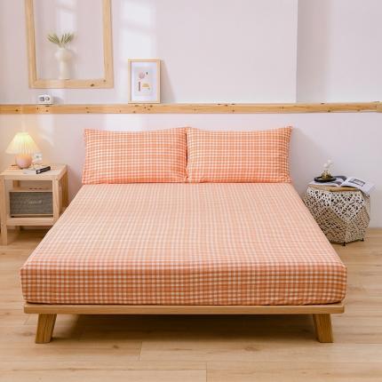 91家纺网 家纺一手货源 找家纺 恋人优选 2023新款日式良品全棉水洗棉床笠 彩虹橘小格