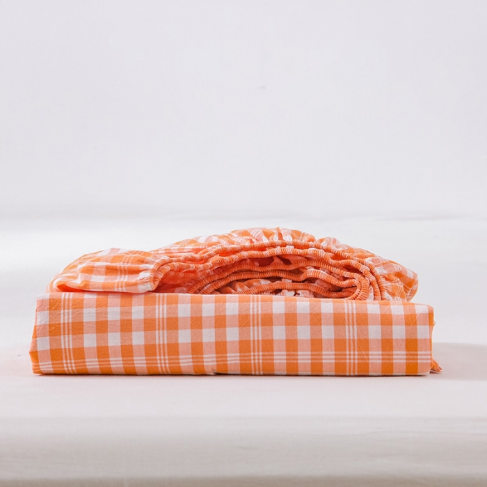 91家纺网 家纺一手货源 找家纺 恋人优选 2023新款日式良品全棉水洗棉床笠 彩虹橘小格