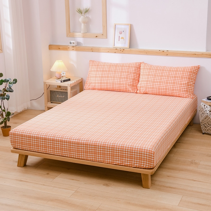 91家纺网 家纺一手货源 找家纺 恋人优选 2023新款日式良品全棉水洗棉床笠 彩虹橘小格