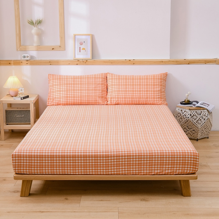 91家纺网 家纺一手货源 找家纺 恋人优选 2023新款日式良品全棉水洗棉床笠 彩虹橘小格