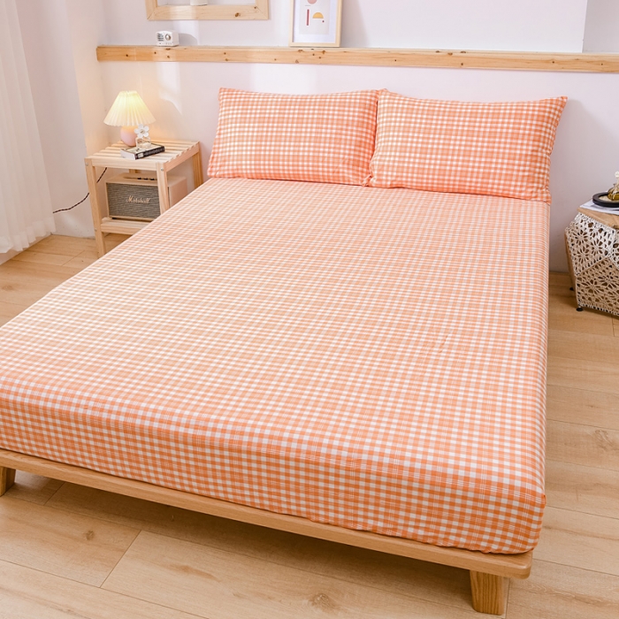 91家纺网 家纺一手货源 找家纺 恋人优选 2023新款日式良品全棉水洗棉床笠 彩虹橘小格