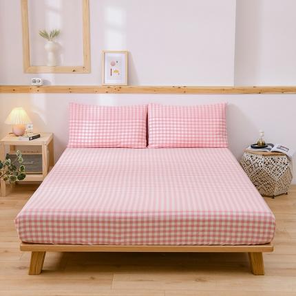 91家纺网 家纺一手货源 找家纺 恋人优选 2023新款日式良品全棉水洗棉床笠 粉色格