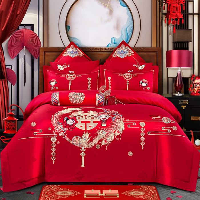 91家纺网 家纺一手货源 找家纺 2025新款120S全棉刺绣贡缎提花婚庆四件套多件套嫁给我