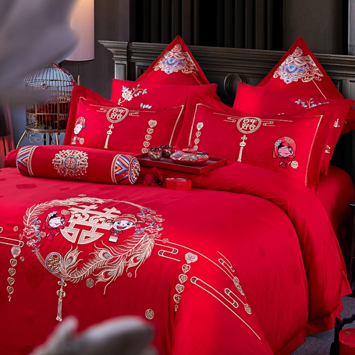 91家纺网 家纺一手货源 找家纺 2025新款120S全棉刺绣贡缎提花婚庆四件套多件套嫁给我