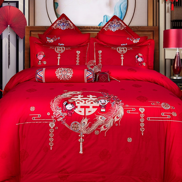 91家纺网 家纺一手货源 找家纺 2025新款120S全棉刺绣贡缎提花婚庆四件套多件套嫁给我