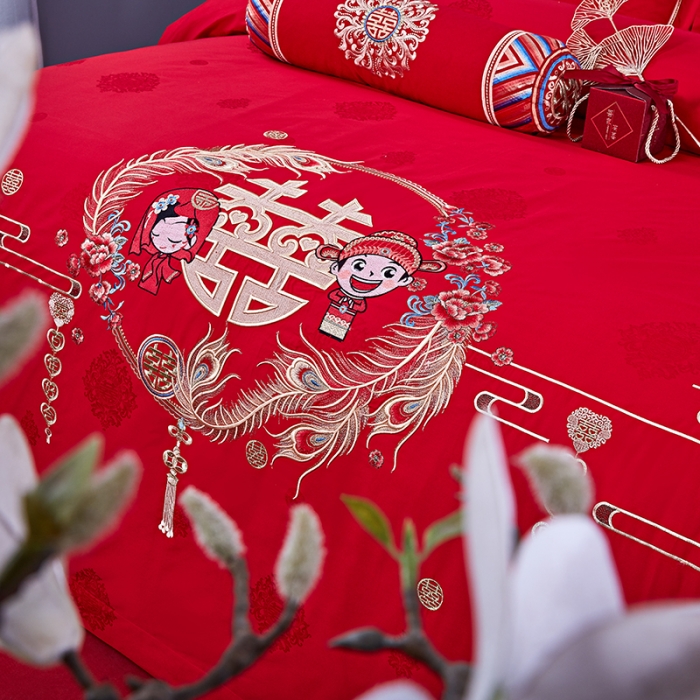 91家纺网 家纺一手货源 找家纺 2025新款120S全棉刺绣贡缎提花婚庆四件套多件套嫁给我