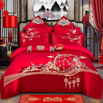 91家纺网 家纺一手货源 找家纺 2025新120S全棉刺绣贡缎提花婚庆四件套多件套幸福万年长