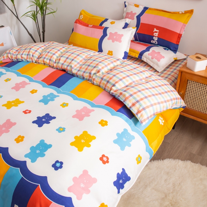 91家纺网 家纺一手货源 找家纺 乐居坊2021新款芦荟棉四件套彩虹Q Q熊