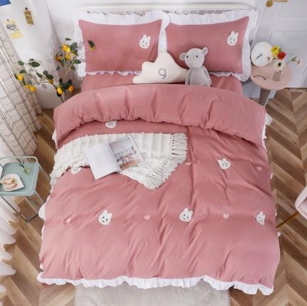 91家纺网 家纺一手货源 找家纺 雨帆  2021新款毛巾绣四件套 可爱兔豆沙