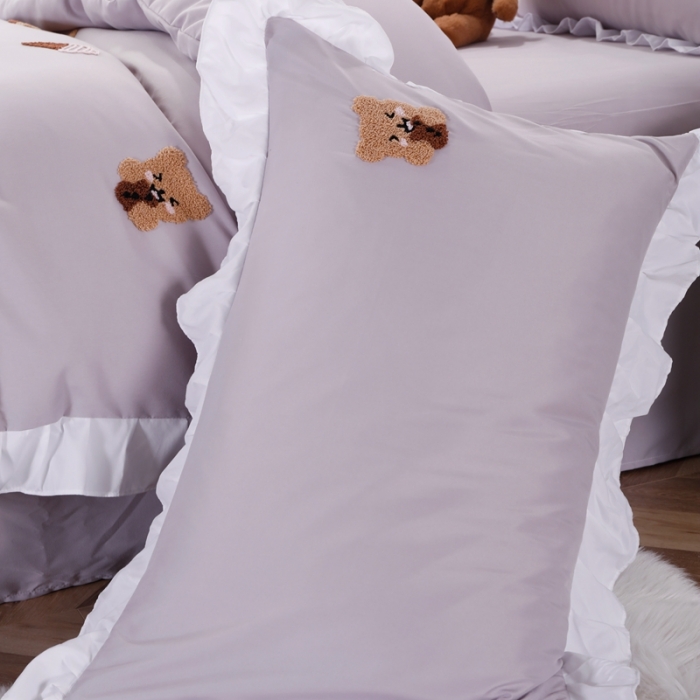 91家纺网 家纺一手货源 找家纺 雨帆  2021新款毛巾绣四件套 曲奇熊浅灰