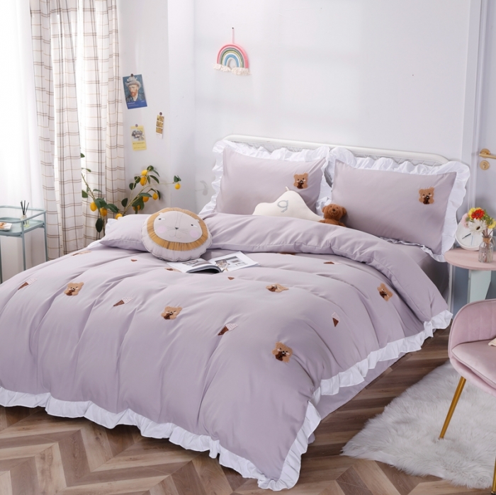 91家纺网 家纺一手货源 找家纺 雨帆  2021新款毛巾绣四件套 曲奇熊浅灰