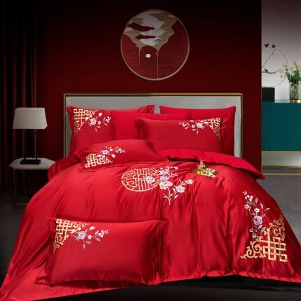 91家纺网 家纺一手货源 找家纺 慕她家纺 新款13372喷气丝光全棉刺绣四件套暗香 大红