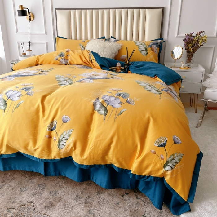 91家纺网 家纺一手货源 找家纺 蘭菲2023新款60支贡缎长绒棉印花美式花卉四件套荷叶罗裙黄