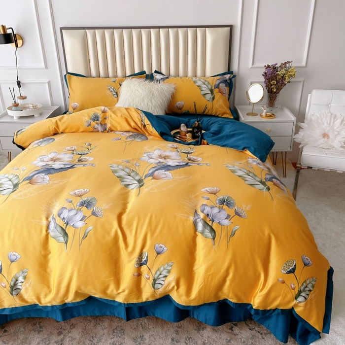 91家纺网 家纺一手货源 找家纺 蘭菲2023新款60支贡缎长绒棉印花美式花卉四件套荷叶罗裙黄