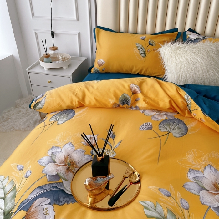 91家纺网 家纺一手货源 找家纺 蘭菲2023新款60支贡缎长绒棉印花美式花卉四件套荷叶罗裙黄