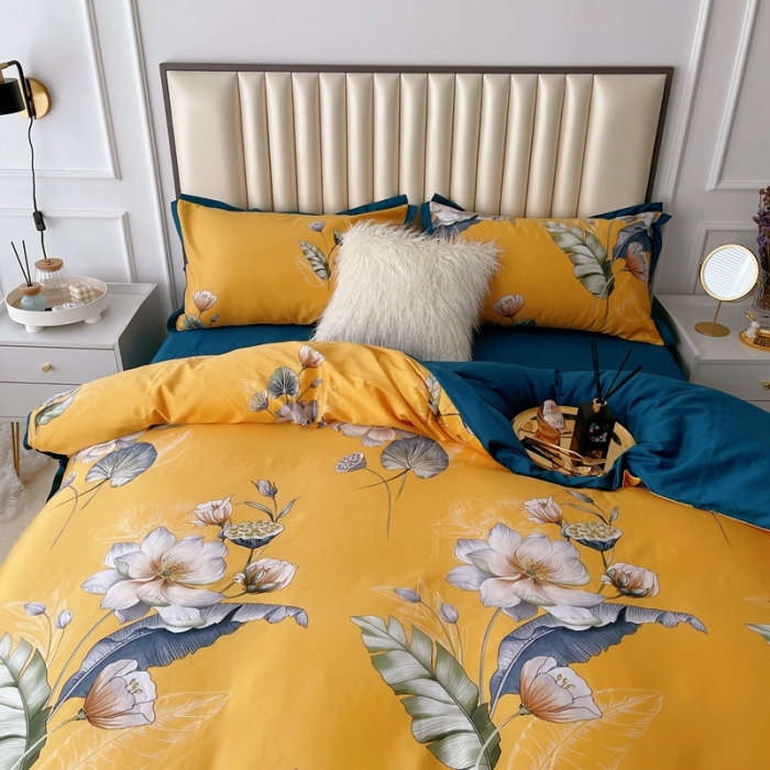 91家纺网 家纺一手货源 找家纺 蘭菲2023新款60支贡缎长绒棉印花美式花卉四件套荷叶罗裙黄