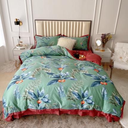 91家纺网 家纺一手货源 找家纺 蘭菲2023新款60支贡缎长绒棉印花美式花卉四件套花开琉璃绿