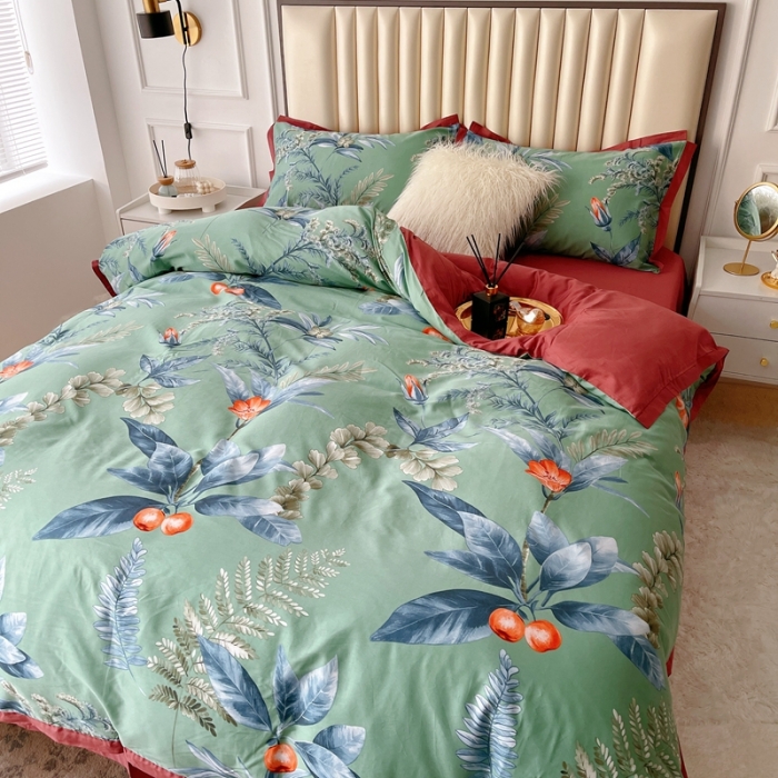 91家纺网 家纺一手货源 找家纺 蘭菲2023新款60支贡缎长绒棉印花美式花卉四件套花开琉璃绿