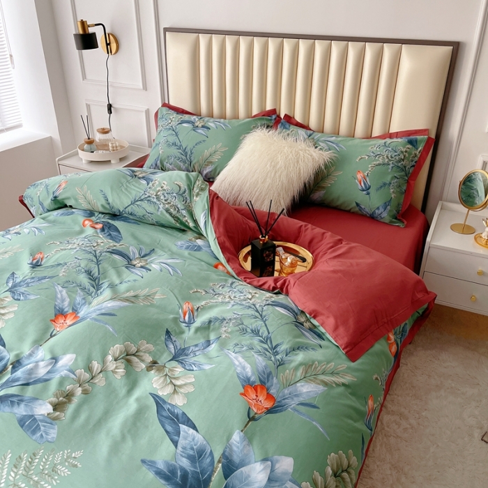 91家纺网 家纺一手货源 找家纺 蘭菲2023新款60支贡缎长绒棉印花美式花卉四件套花开琉璃绿