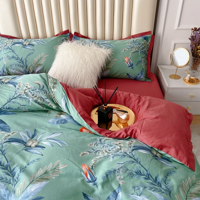 91家纺网 家纺一手货源 找家纺 蘭菲2023新款60支贡缎长绒棉印花美式花卉四件套花开琉璃绿