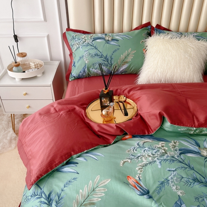 91家纺网 家纺一手货源 找家纺 蘭菲2023新款60支贡缎长绒棉印花美式花卉四件套花开琉璃绿