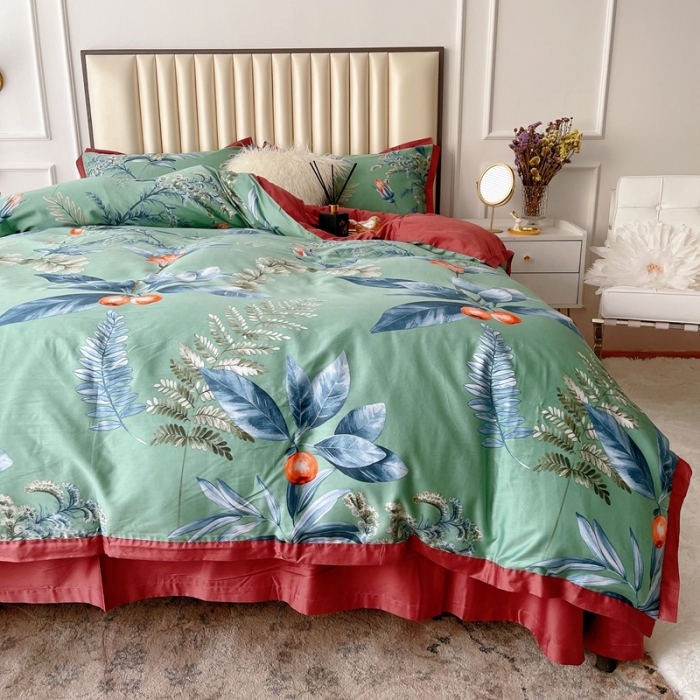 91家纺网 家纺一手货源 找家纺 蘭菲2023新款60支贡缎长绒棉印花美式花卉四件套花开琉璃绿