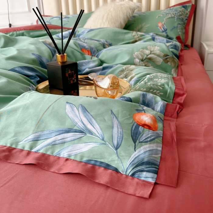 91家纺网 家纺一手货源 找家纺 蘭菲2023新款60支贡缎长绒棉印花美式花卉四件套花开琉璃绿