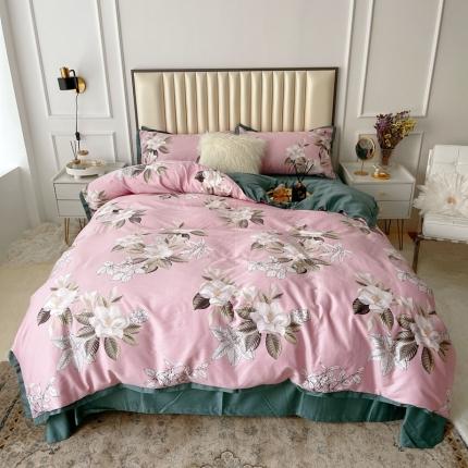 91家纺网 家纺一手货源 找家纺 蘭菲2023新款60支贡缎长绒棉印花美式花卉四件套铃兰花梦粉